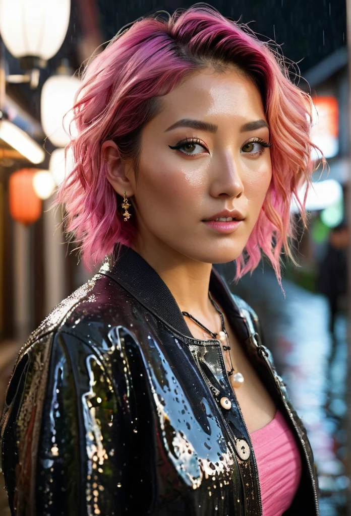 (hyper realistic: 1.4), (contrasting background: 1.5) ((Ultra detailed skin 1.4)) ( NVIDIA RTX Ray Tracing), golden ratio,(Advanced face detail: 1.1) ((full length body 1.5)) (masterpiece 1.4)16K resolution, 4k resolution (pink hair) "Generate an exceptionally photo realistic portrait of a young woman in her late twenties, with shoulder-length, curly pink hair and grey eyes. She is wet from rain drops on her face, clothes, neck, and chest. The rain drops are individually visible. She has a tanned mixed race complexion like Dichen Lachman. She is wearing a modern, edgy outfit consisting of a colourful open leather biking jacket, fitted t-shirt and a pair high waist dark jeans with metal buttons. She has a pearl and bronze necklace with many small charms, bronze earrings, and bronze rings on her fingers. Her lower lip is pierced with a ring. The expression on her face is one of curiosity, with a slight smile and her head tilted slightly to the right. Her make up is modern and edgy, with details around the contours of her eyes. Her pose is relaxed, with her hands loosely clasped in front of her. The background is a very dense urban city alley in the rain like, with very many neon signs juxtaposed with traditional lanterns of a shinto shrine. The lights cast many coloured reflections on the wet pavement. Her face and body are bathed in a gentle light from a nearby lantern, casting gentle shadows and a warm glow on her rain wet face. Include subtle details like the texture of her hair and the shimmer of her necklace. The style should be photorealistic, with high attention to detail and lifelike rendering."