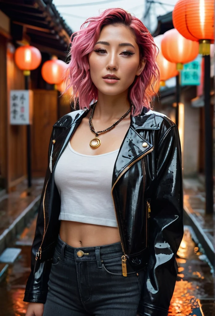 (hyper realistic: 1.4), (contrasting background: 1.5) ((Ultra detailed skin 1.4)) ( NVIDIA RTX Ray Tracing), golden ratio,(Advanced face detail: 1.1) ((full length body 1.5)) (masterpiece 1.4)16K resolution, 4k resolution (pink hair) "Generate an exceptionally photo realistic portrait of a young woman in her late twenties, with shoulder-length, curly pink hair and grey eyes. She is wet from rain drops on her face, clothes, neck, and chest. The rain drops are individually visible. She has a tanned mixed race complexion like Dichen Lachman. She is wearing a modern, edgy outfit consisting of a colourful open leather biking jacket, fitted t-shirt and a pair high waist dark jeans with metal buttons. She has a pearl and bronze necklace with many small charms, bronze earrings, and bronze rings on her fingers. Her lower lip is pierced with a ring. The expression on her face is one of curiosity, with a slight smile and her head tilted slightly to the right. Her make up is modern and edgy, with details around the contours of her eyes. Her pose is relaxed, with her hands loosely clasped in front of her. The background is a very dense urban city alley in the rain like, with very many neon signs juxtaposed with traditional lanterns of a shinto shrine. The lights cast many coloured reflections on the wet pavement. Her face and body are bathed in a gentle light from a nearby lantern, casting gentle shadows and a warm glow on her rain wet face. Include subtle details like the texture of her hair and the shimmer of her necklace. The style should be photorealistic, with high attention to detail and lifelike rendering."