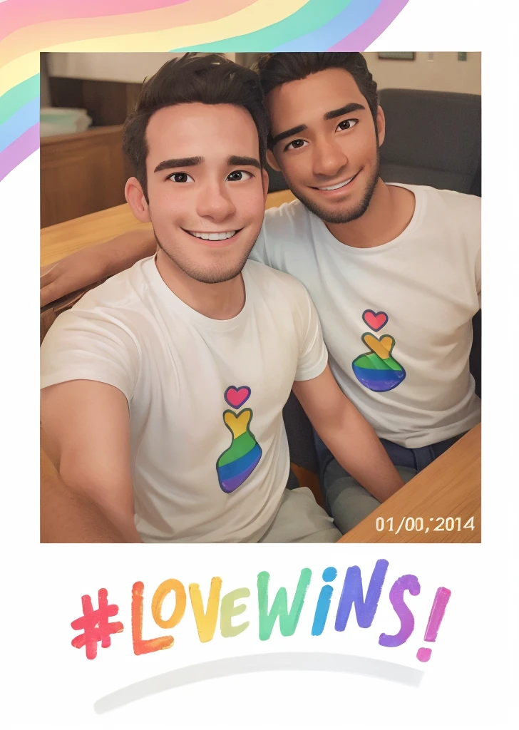 two men smiling, sitting next to each other, wear a white t-shirt with a dorama heart print in rainbow colors