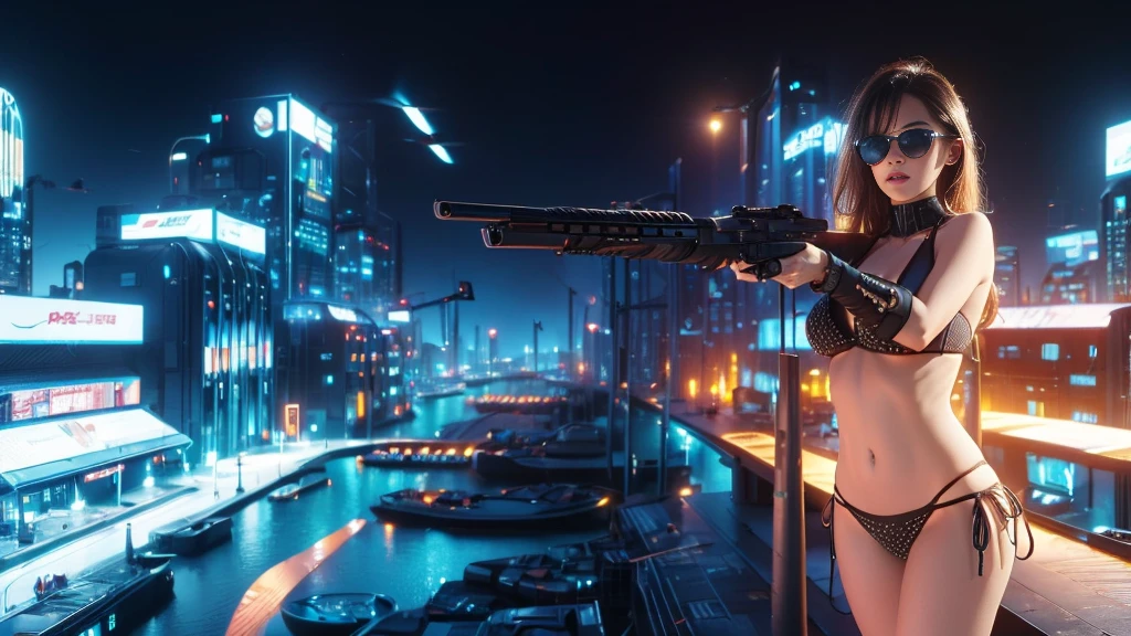 (((a medium-breast bikini slim GIRL with black (micro) sunglasses))), (((((aiming at viewer with a pistol))))), a balcony of a futuristic building, aerial view of an ultra-futuristic megalopolis, metal buildings and houses in dark colors from dark blue to black, shades of metal gray, smoky metal structures, industrial environment with smoke and fog around, dark cars on the streets, desert megalopolis, modern metal rails and trains passing through, tall futuristic metal buildings, ultra modern buildings, (((((futuristic harbour))))), realistic, detailed, sci-fi.
