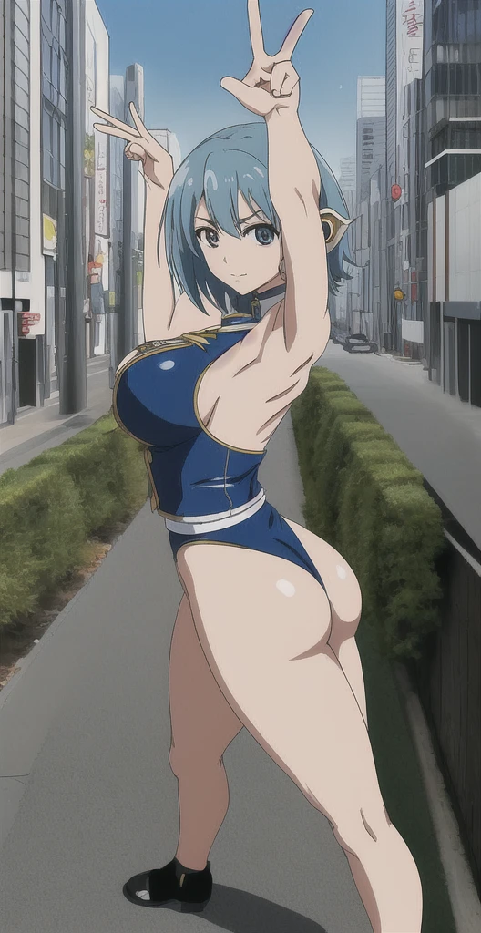 score_9, score_8_up, score_7_up, masterpiece, best quality, 1girl, sayaka kirasaka, source_anime, , standing, outdoors, posing, city, peace sign, arched back, large breasts