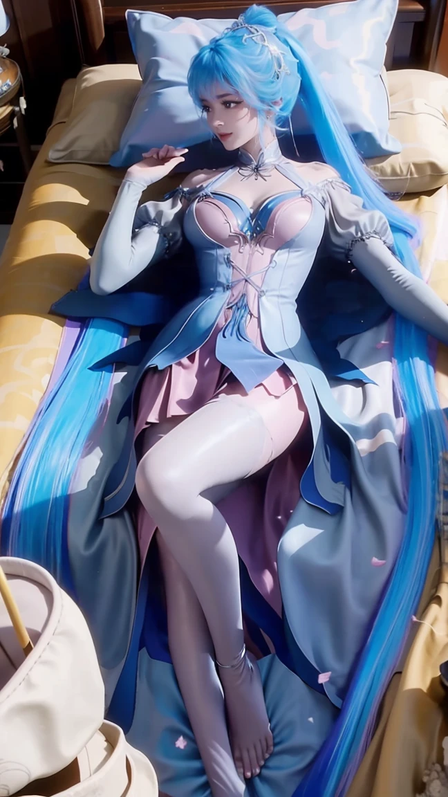 beautiful detailed girl lying on bed, wearing a spaghetti strap nightgown, facing up, slightly raising her leg, extremely detailed beautiful big-breasted 16-year-old girl, super high quality, 4K, 8K, cinematic, full body, lying down, long legs, very large bust, full body capture, ((( lying on bed ))), ((( full body lying on bed ))), big bed, bare shoulders, shoulder-length skirt, lying on bed, head on pillow, lying down, head on pillow, ((( fully reclined on bed ))), full body reclined on bed,Sky blue double ponytail,Long colored hair,淡蓝Long colored hair