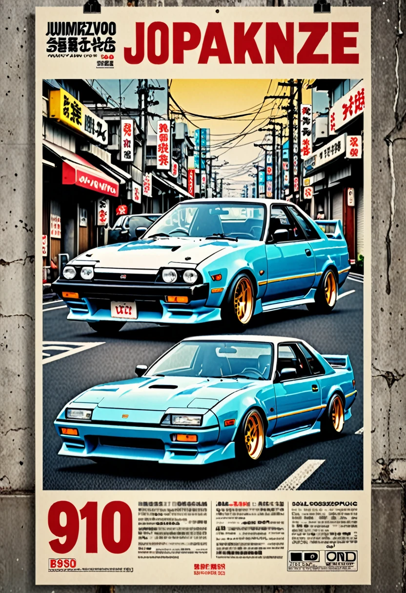 ((masterpiece)), ((Best quality)), ((A high resolution)) ((real photo)) 90s retro poster, with old Japanese auto tuning in bosozoku style ((Natural light)) darkening city, Japanese style inscriptions on the poster , like a magazine cover