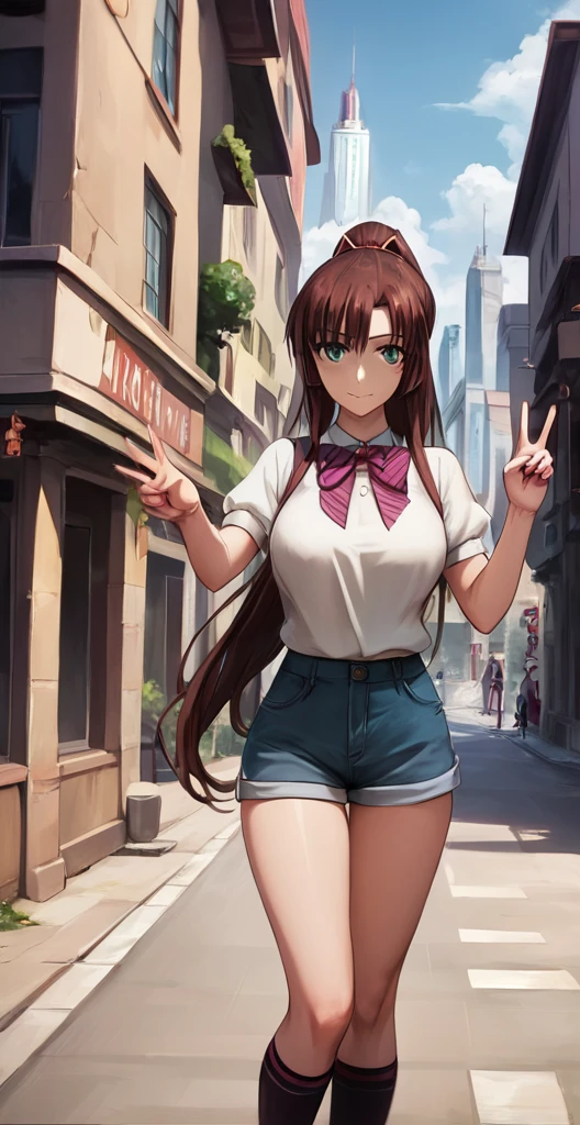 score_9, score_8_up, score_7_up, masterpiece, best quality, 1girl, sayaka kirasaka, source_anime, , standing, outdoors, posing, city, peace sign, arched back, large breasts