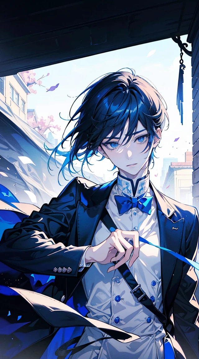 a close up of a person wearing a white shirt and black suspenders, anime handsome man, handsome anime pose, tall anime guy with blue eyes, delicate androgynous prince, male anime character, anime portrait of a handsome man, handsome prince, young anime man, inspired by Bian Shoumin, beautiful androgynous prince, male anime style, extremely handsome
