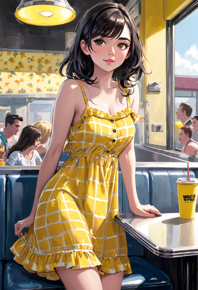 Seductive mid 20s female, sundress, in a sundress, at waffle house, masturbating