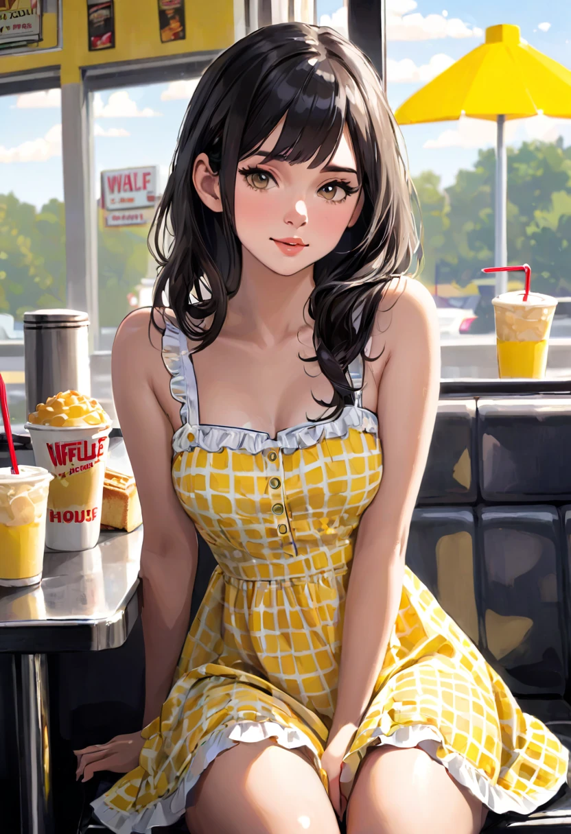 Seductive mid 20s female, sundress, in a sundress, at waffle house, masturbating