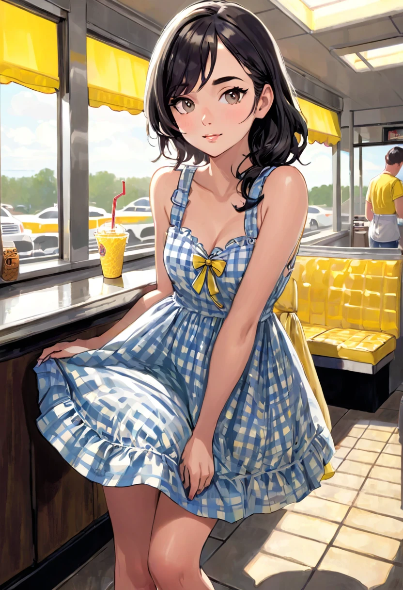 Seductive mid 20s female, sundress, in a sundress, at waffle house, masturbating