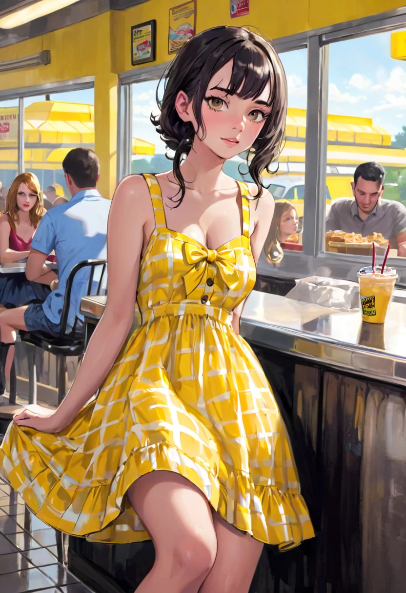Seductive mid 20s female, sundress, in a sundress, at waffle house, masturbating