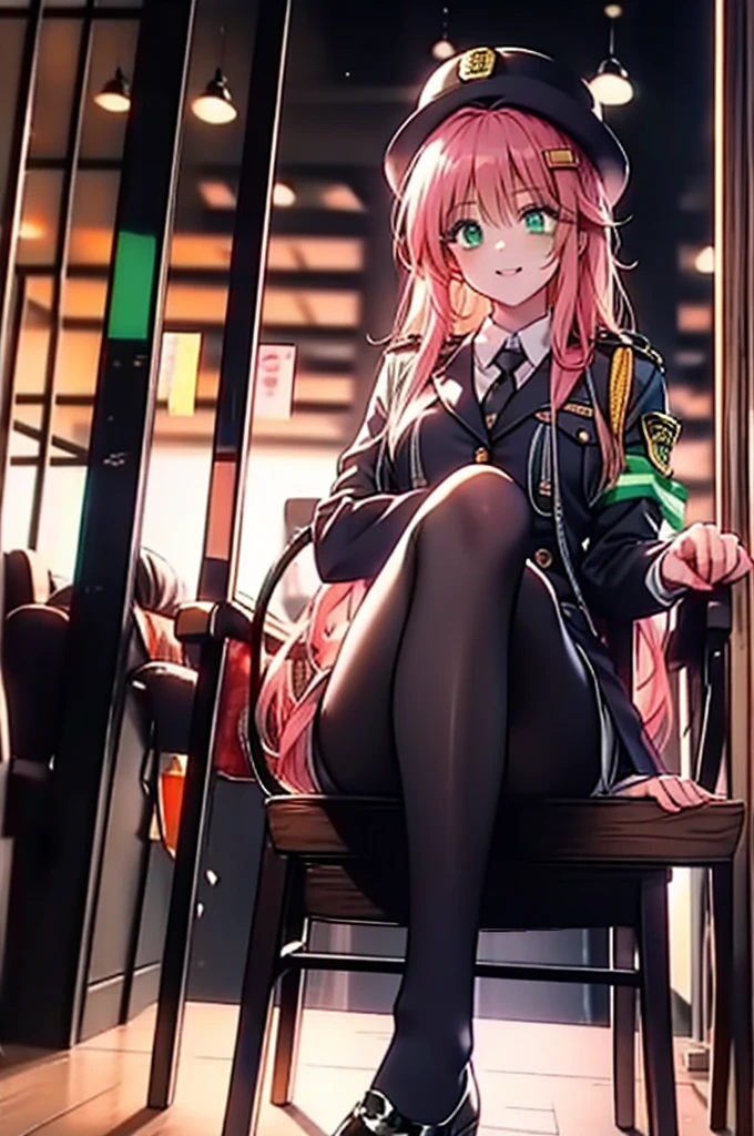 Lara Deviluke, Lara Deviluke, Long Hair, Pink Hair, tail, Ahoge, bangs, hair ornaments, (Green Eyes:1.5), smile,blush,Open your mouth,demon tail,Police hat with black rimmed glasses,Sexy police uniform,Black pencil skirt, black pantyhose,Stiletto heels,sitting cross-legged on a chair,There is food on the table,interior,whole bodyがイラストに入るように,
break outdoors, office 
break looking at viewer,whole body,
break (masterpiece:1.2), Highest quality, High resolution, unity 8k w全てpaper, (shape:0.8), (beautiful detailed eyes:1.6), extremely detailed face, Perfect lighting, extremely detailed CG, (Perfect hands, Perfect Anatomy),