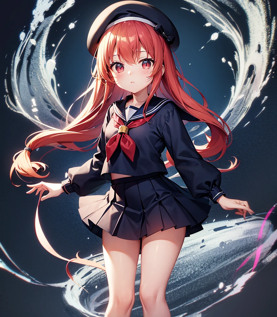 (Sailor suit),(((Navy Mini Skirt))),(Red Beret),,Cute little loli,Tiny Lori,Small girl,,Childish face, Very fine clean face,Top quality, Big eyes,Straight Hair,Yellow hair,Crimson Eye,(Dark Room), Subtle light, Natural light,Soft lighting,Light from directly behind, (Are standing), Cute pose, (Open your hands), Showing the whole body,Front view,Black background