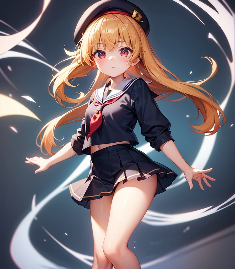 (Sailor suit),(((Navy Mini Skirt))),(Red Beret),,Cute little loli,Tiny Lori,Small girl,,Childish face, Very fine clean face,Top quality, Big eyes,Straight Hair,Yellow hair,Crimson Eye,(Dark Room), Subtle light, Natural light,Soft lighting,Light from directly behind, (Are standing), Cute pose, (Open your hands), Showing the whole body,Front view,Black background