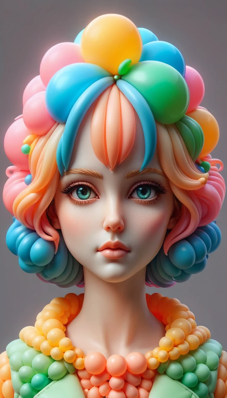 macabre style kawaii style Adorable 3D Character, Ombre color scheme of neon orange, neon pink, neon blue, neon yellow, neon green, (woman:1.1) with (elongated neck:1.3)  balloonz   ral-hnycmb big eyes , subsurface scattering, Photorealistic, Hyperrealistic, analog style, realistic, film photography, soft lighting, heavy shadow, 3D render, adorable character, 3D art . cute, adorable, brightly colored, cheerful, anime influence, highly detailed . dark, gothic, grim, haunting, highly detailed