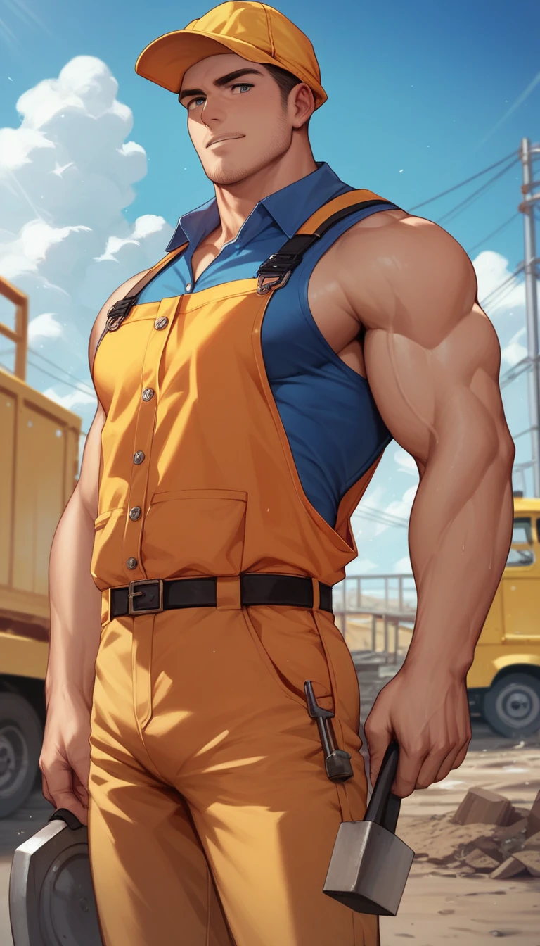 best quality, masterpiece, handsome man, muscular bodybuilder, construction worker gear, tight clothes, construction site, perfect fingers, no watermark, no logo, no signature