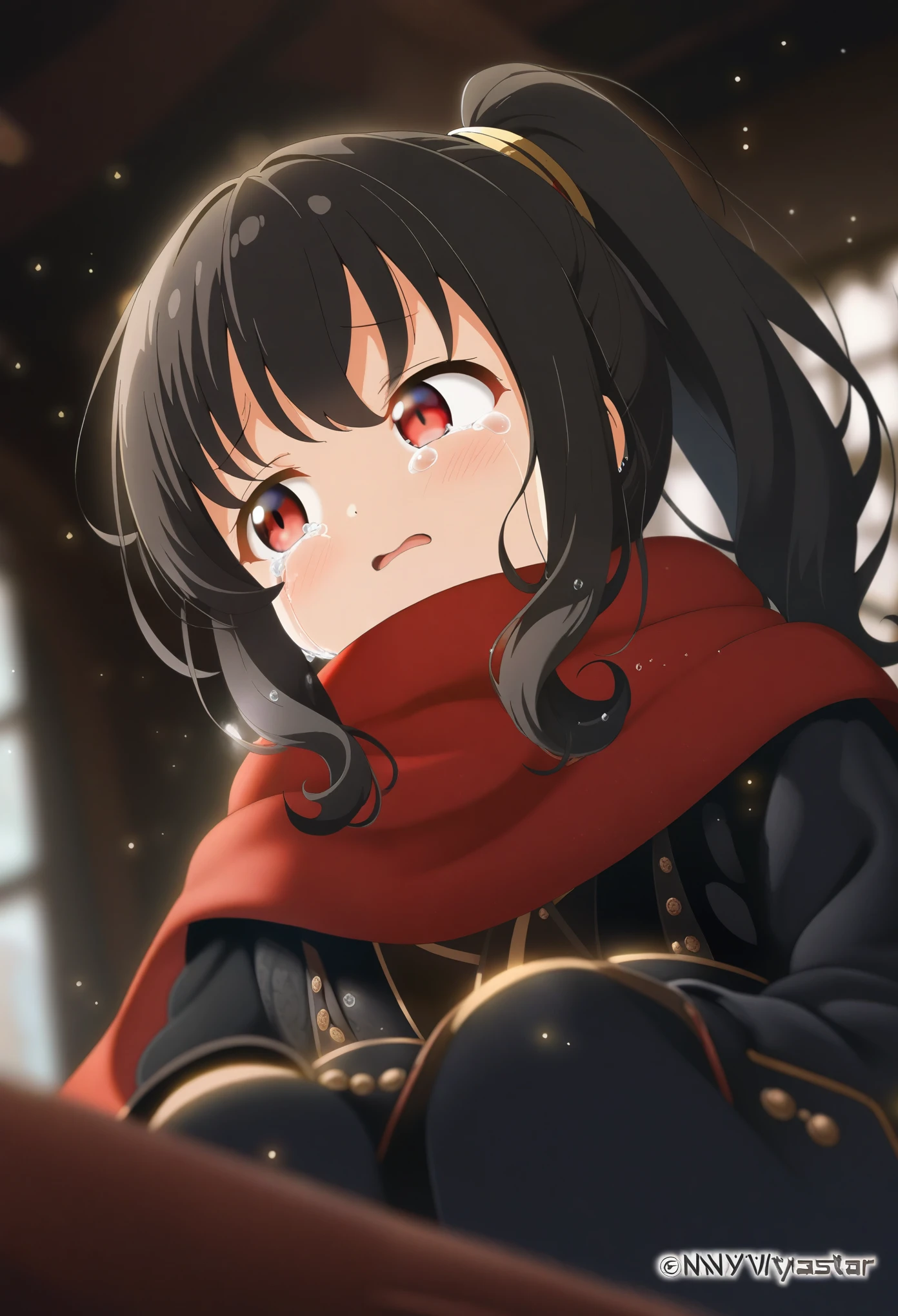 1girl mitya, official art, sitting, crying, tears streaming, black coat, red scarf, black hair, side_ponytail, red eyes, (very aesthetic, best quality, ultra detailed), intricate details, highres, indoors, light particles, close-up, blurry background,, low angle, cinematic angle, cowboy shot, emotional, delicate features
