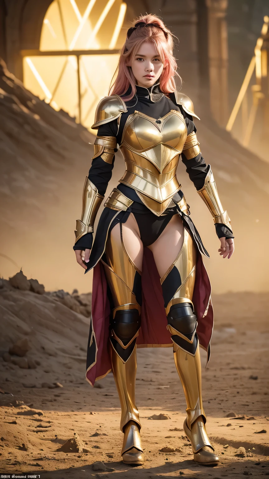 ((best quality)), ((masterpiece)), (ultra detailed lights), ((full body shot)), Award-winning photograph, teen goddess with pink curvy hair in ((full body golden black armor)) are in the middle of battlefield, swords fight, dust, dirt, looking tired but she still can do it all day, from top, broken shield, broken swords