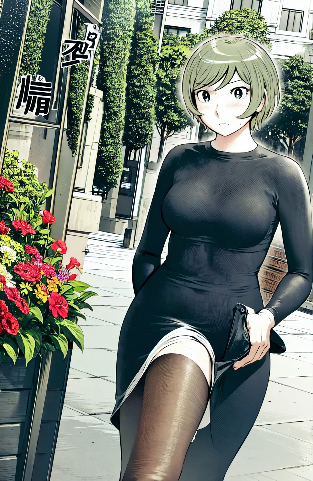 、(masterpiece、Highest quality)、Highest quality, Ultra-high resolution, (((masterpiece))), alone, Sweat、Big eyes,  No sleeve、Outdoor、Floral dress、Composition from the front、（Cut the back hair short、short hair、blonde、woman）、Shortcuts、Embarrassed face、Cut your hair short、可愛いwomanの子、Big Breasts