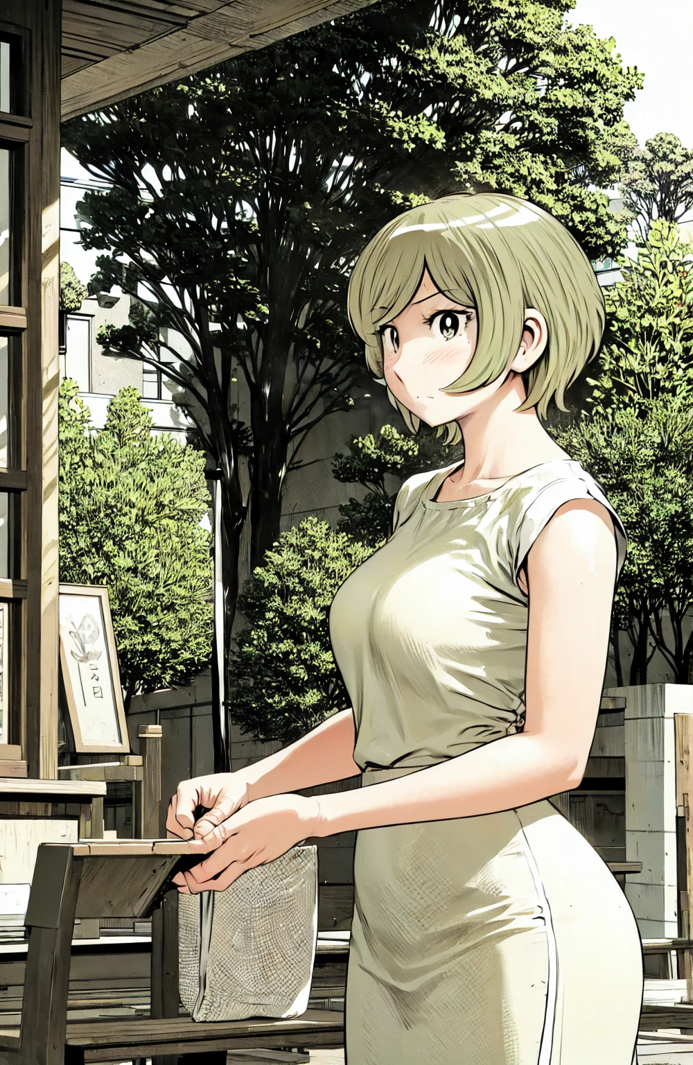 、(masterpiece、Highest quality)、Highest quality, Ultra-high resolution, (((masterpiece))), alone, Sweat、Big eyes, No sleeve、Outdoor、Floral dress、Composition from the front、(Cut the back hair short、short hair、blonde、woman)、Shortcuts、Embarrassed face、Cut your hair short、可愛いwomanの子、Big Breasts