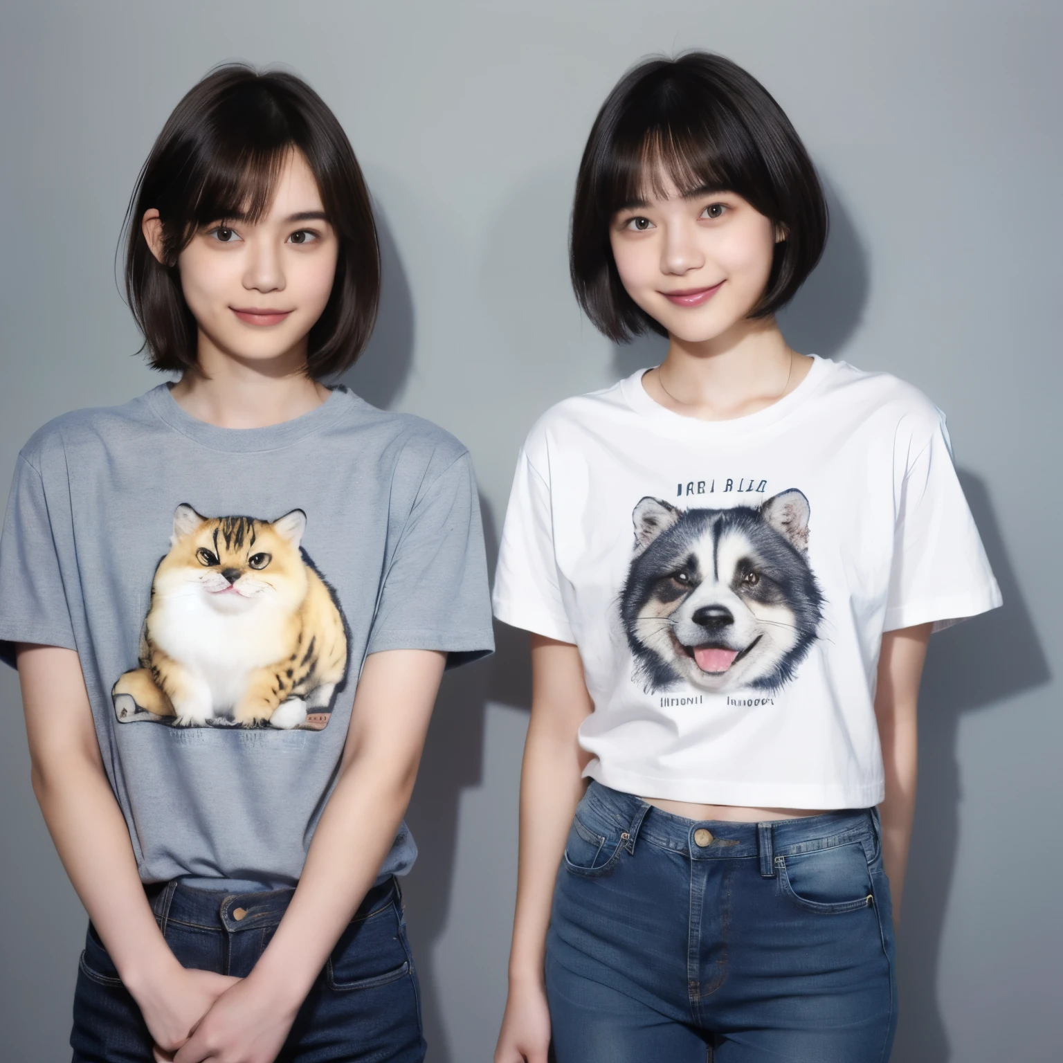 250 (An 18-year-old female and an 18-year-old male), (short hair),kind, lipstick, (jeans), (Animal characterTshirt), smile