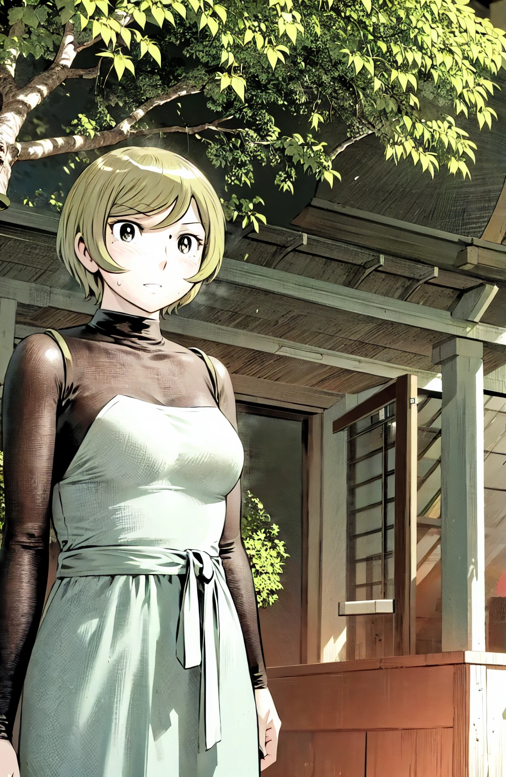 、(masterpiece、Highest quality)、Highest quality, Ultra-high resolution, (((masterpiece))), alone, Sweat、Big eyes,  No sleeve、Outdoor、Floral dress、Composition from the front、（Cut the back hair short、short hair、blonde、woman）、Shortcuts、Embarrassed face、Cut your hair short、可愛いwomanの子、Big Breasts