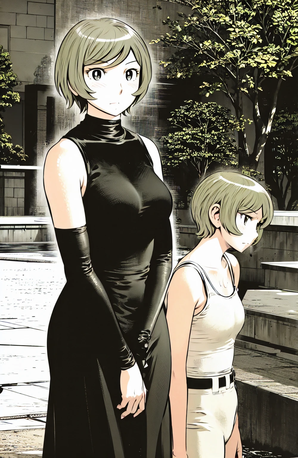、(masterpiece、Highest quality)、Highest quality, Ultra-high resolution, (((masterpiece))), alone, Sweat、Big eyes, No sleeve、Outdoor、Floral dress、Composition from the front、(Cut the back hair short、short hair、blonde、woman)、Shortcuts、Embarrassed face、Cut your hair short、可愛いwomanの子、Big Breasts
