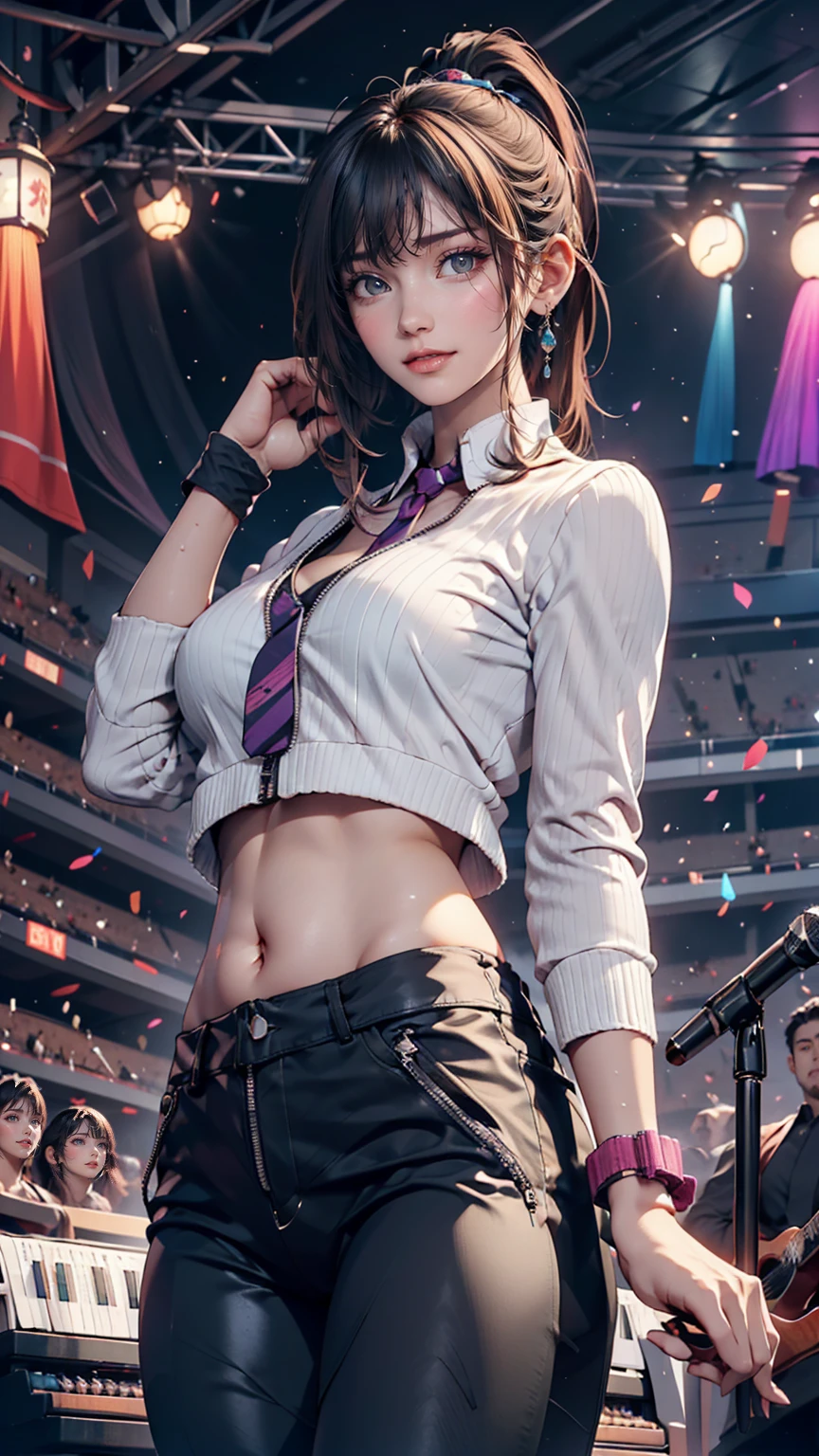 A woman in a suit and tie stands behind the DJ, Behind her is an atmosphere of terror, Revealing clothes, Concert clips, asuka underwear set!, cleveage, Touch her clothes, HD dirty photos, SFW Big , The cables on her body, revealing clothing, Breast coverage and SFW, Very sexy, Large Breasts!, Her breasts