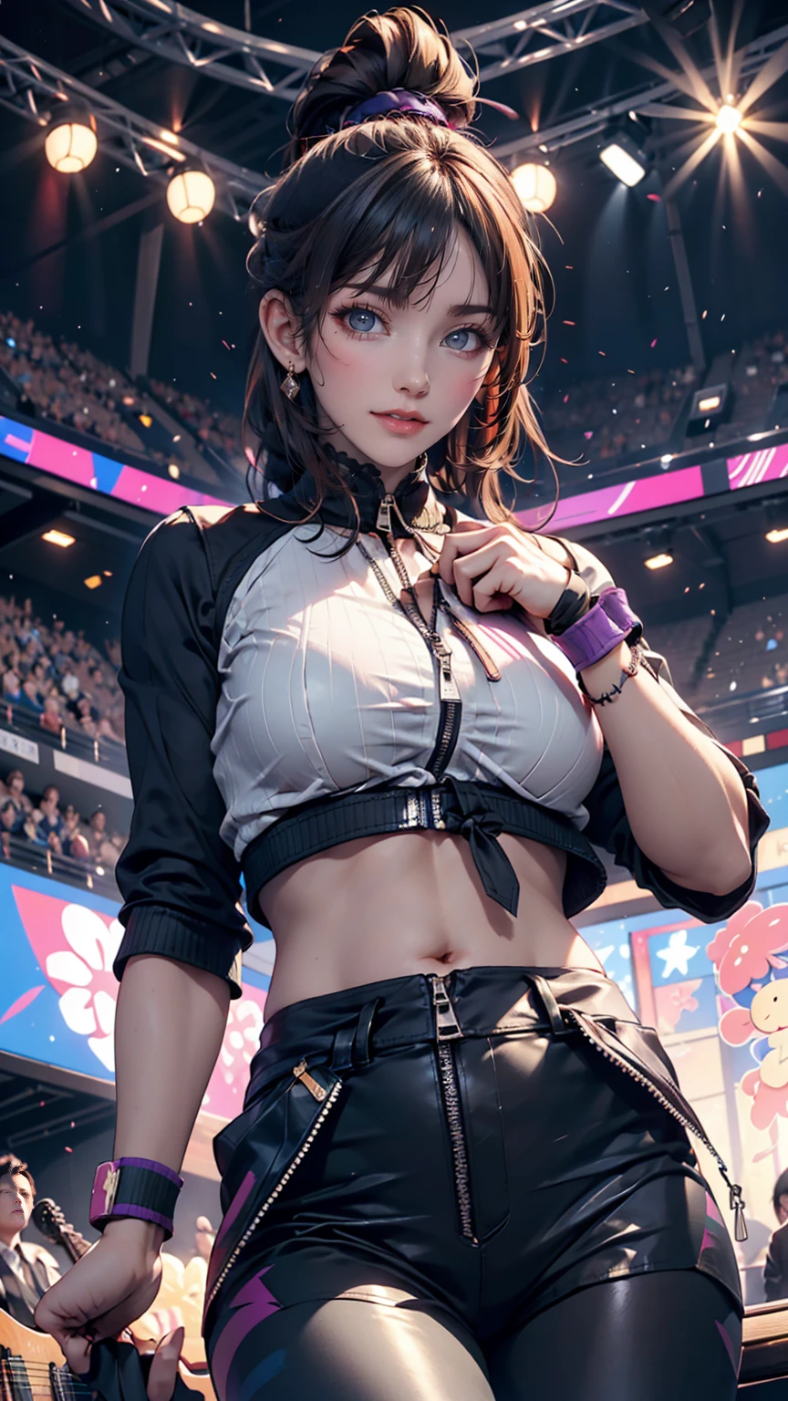 24 year old Japanese woman、Slim but toned body、Wear a high-neck zipper-up top、No sleeve、I can see my belly button、Wear low rise leggings、Tie a blouson around the waist、Put a wristband on your wrist、ponytail、Inner Color、Add a purple exterior、At a live concert、Live excitement