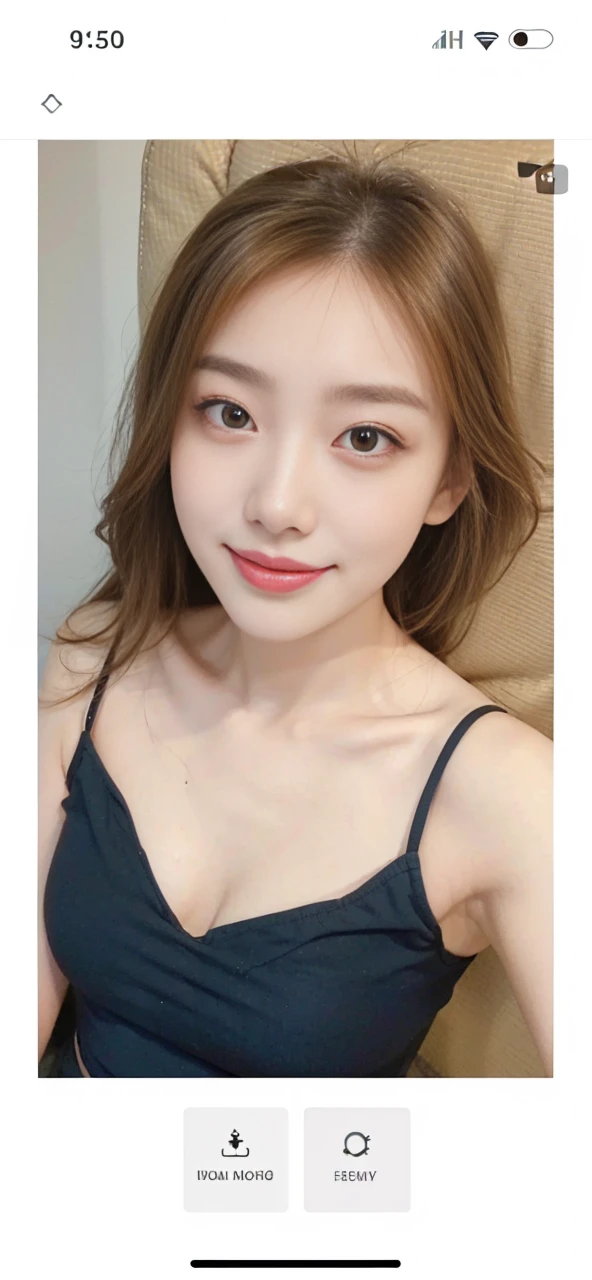 (full body), (from above), 1girl,Lie down on a comfortable couch,crossed legs,Soft light, off shoulder clothes, White color blouse, cropped shoulders, black short skirt, high-waist, 20yr old，Korean model, slender leg, evil grin smile，Evil expression, warm lights, a warm color palette