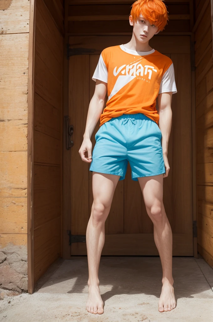 a giant white with orange hair orange shirt blue shorts barefoot