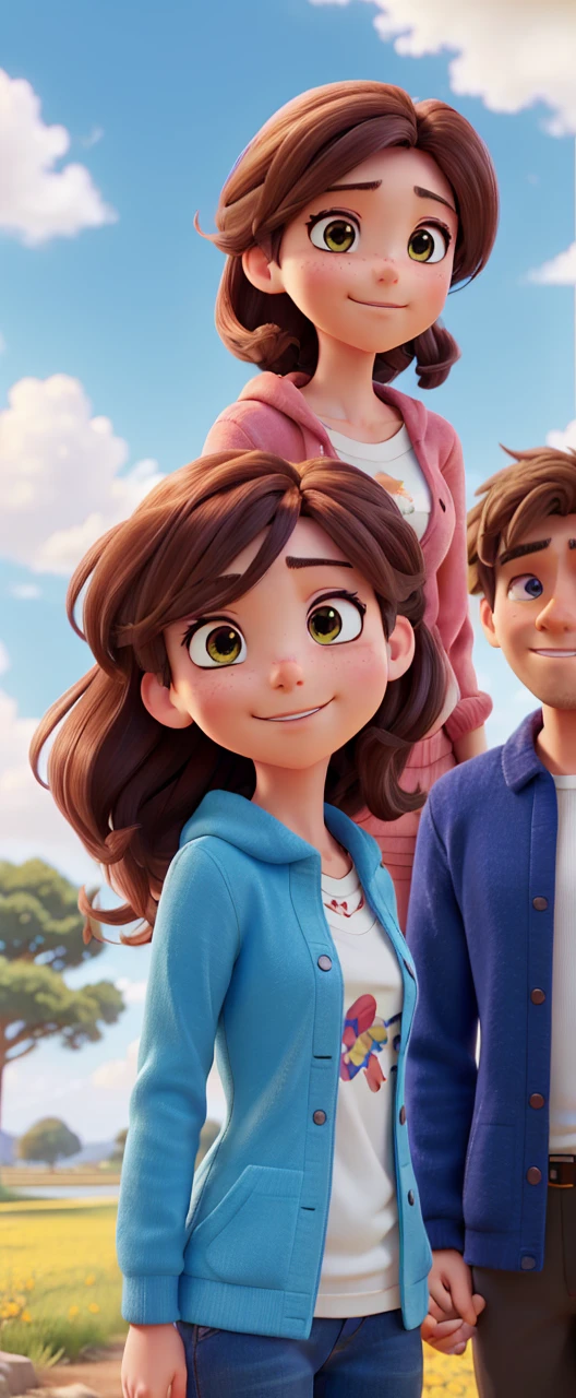 a beautiful anime couple, a tall mature man and a shorter adult woman, wearing casual clothes with long sleeves, smiling happily in love, with windswept hair against a blue sky background, (best quality,4k,8k,highres,masterpiece:1.2),ultra-detailed,(realistic,photorealistic,photo-realistic:1.37),highly detailed face and eyes, intricate clothing folds, vibrant colors, soft lighting, cinematic composition, dramatic pose