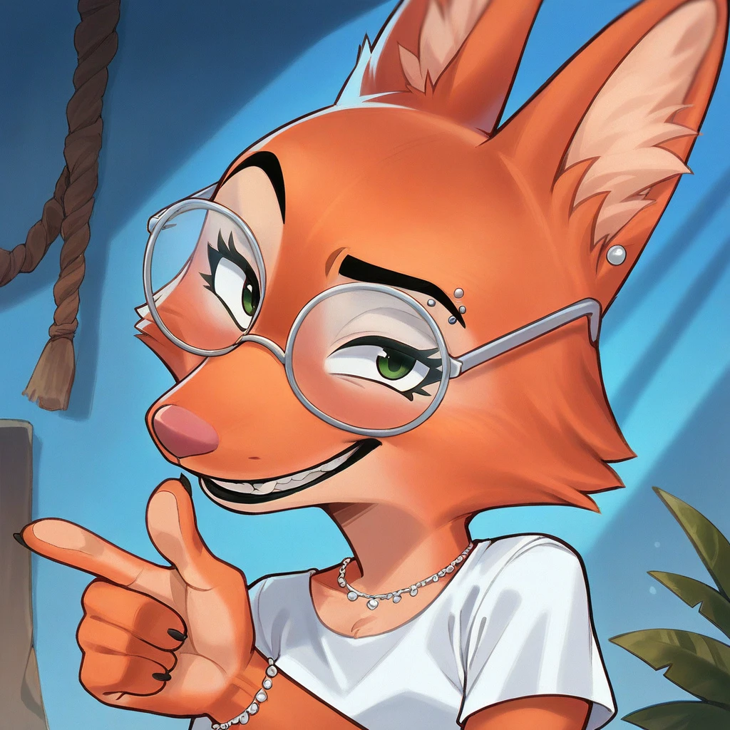 score_9, score_8_up, score_7_up, score_6_up, score_5_up, score_4_up, Diane_Foxington, fox, red fur, emerald eyes, black lipstick, accentuated black eyebrows, silver eyebrow piercings, dusty pink nose, black eyelashes, 4 fingers, white t-shirt with a v in the part of the chest, glasses, tired, but happy, with a proud looking at viewer, smiling, giving a thumbs up with her hand