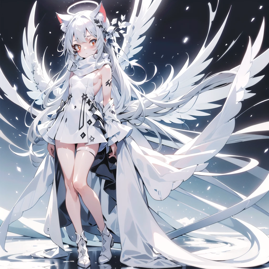 masterpiece, highest quality, highest resolution, clear_image, detailed details, White hair, long hair, cat ears, 1 girl, red eyes, white pantyhose, sci-fi military clothing, white scarf (white scarf around the neckwith a light blue glow), gray futuristic halo (gray halo over the head), white wings (4 wings), cute, fulld body, no water marks, outer space