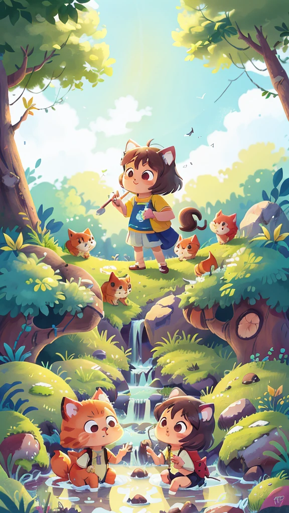 Two very cute kittens,潺潺的stream里抓到一条大鱼. This illustration is a 4K high-definition illustration,The facial features are rich in detail,Cartoon Style,cartoon animals,Fox playing the piano in the forest,Two cats,stream,stream里的猫,Blue sky and white clouds,Horizontal Graphics