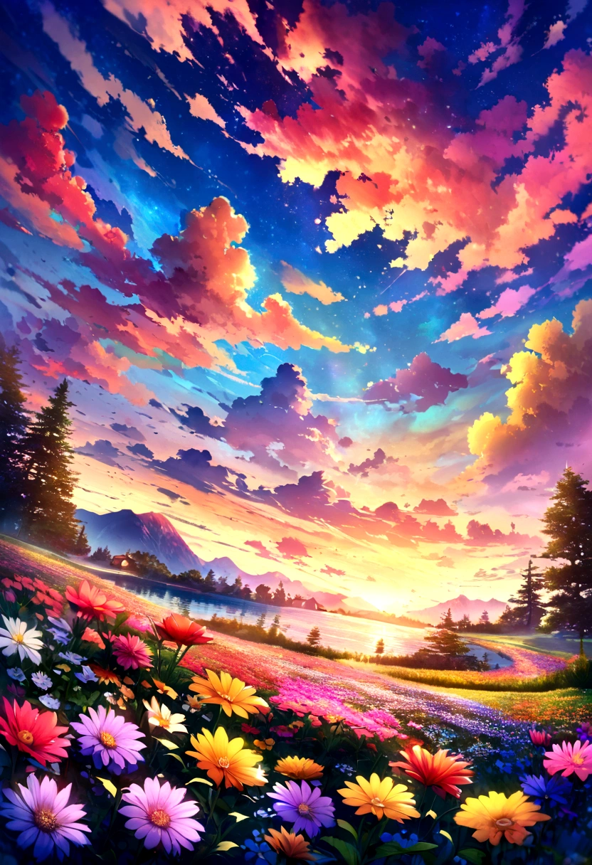 beautiful sunset over the lake with flowers and clouds, picturesque and colorful surroundings, Violet and yellow sunset, colorful sunset, floral sunset, extraordinary colorful landscape, colorful scene, beautiful backgrounds, colorful high definition image, magical colorful flowers, beautiful and colorful, beautiful colorful, Magnificent background, colorful glow, colorful sunset!!, really beautiful nature, fantasy flower field, beautiful nature