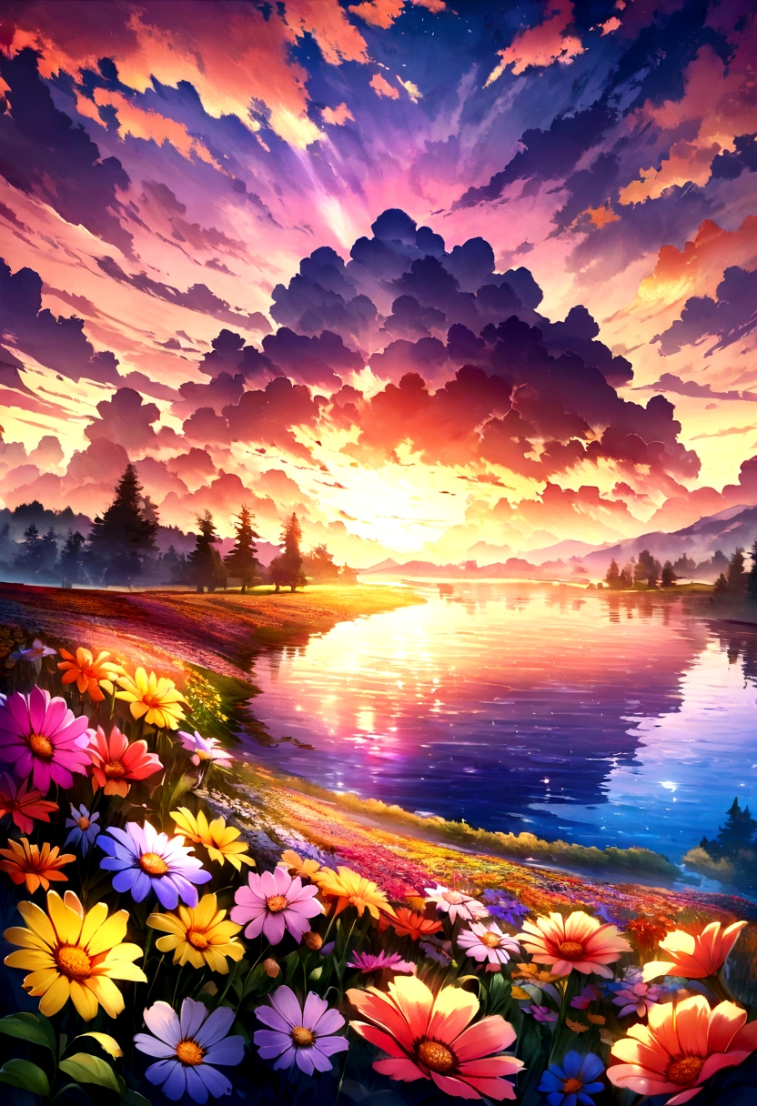beautiful sunset over the lake with flowers and clouds, picturesque and colorful surroundings, Violet and yellow sunset, colorful sunset, floral sunset, extraordinary colorful landscape, colorful scene, beautiful backgrounds, colorful high definition image, magical colorful flowers, beautiful and colorful, beautiful colorful, Magnificent background, colorful glow, colorful sunset!!, really beautiful nature, fantasy flower field, beautiful nature