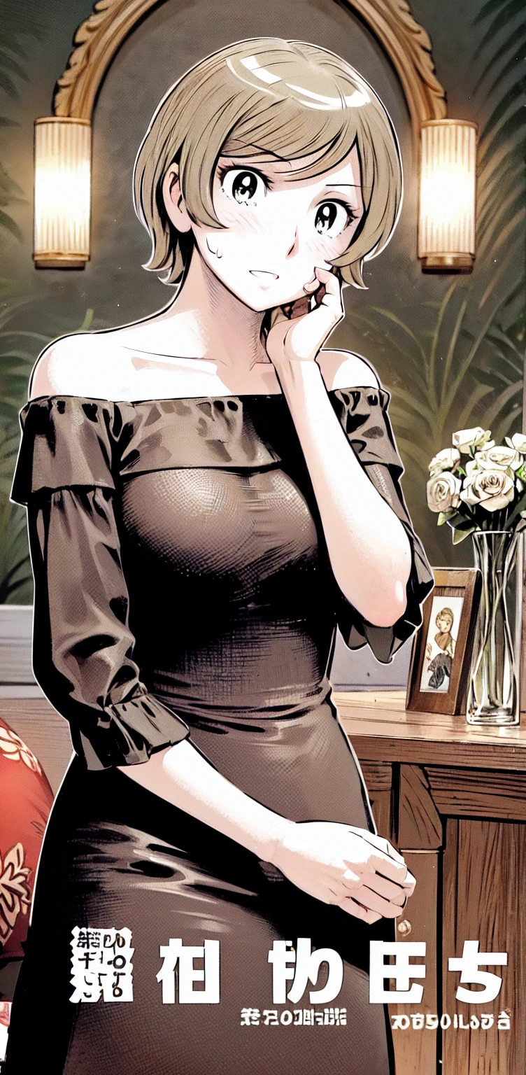 、(masterpiece、Highest quality)、Highest quality, Ultra-high resolution, (((masterpiece))), alone, Sweat、Big eyes,Show Viewer,
blonde,(short hair:1.2), (Highest quality:1.3),One Girl,Private Server、Floral dress、nature、Off the shoulder、Embarrassed face