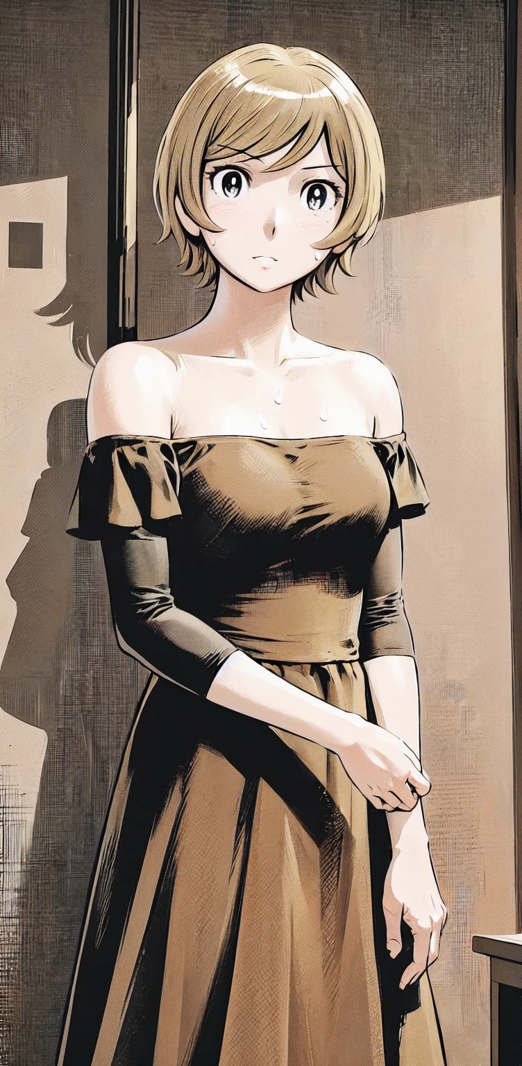 、(masterpiece、Highest quality)、Highest quality, Ultra-high resolution, (((masterpiece))), alone, Sweat、Big eyes,Show Viewer, 
blonde,(short hair:1.2), (Highest quality:1.3),One Girl,Private Server、Floral dress、nature、Off the shoulder、Embarrassed face