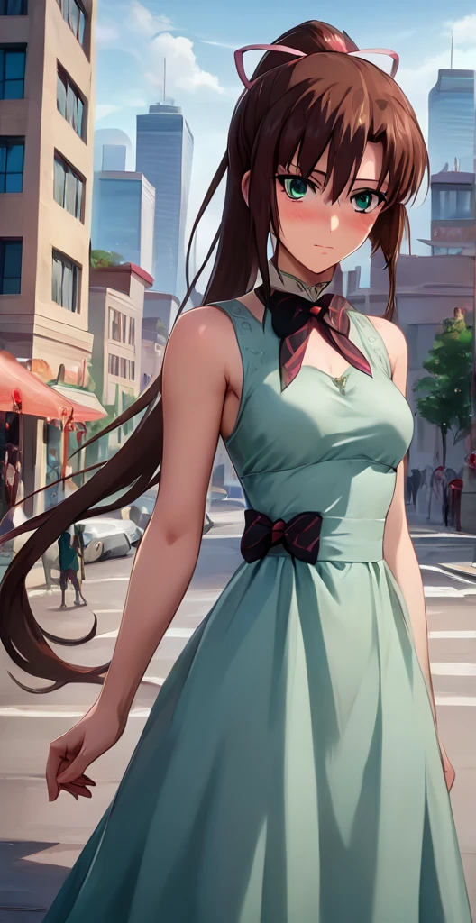 score_9, score_8_up, score_7_up, masterpiece, best quality, 1girl, sayaka kirasaka, source_anime, , standing, outdoors, posing, city, arched back, medium breasts, healthy skin, blushed, dress 