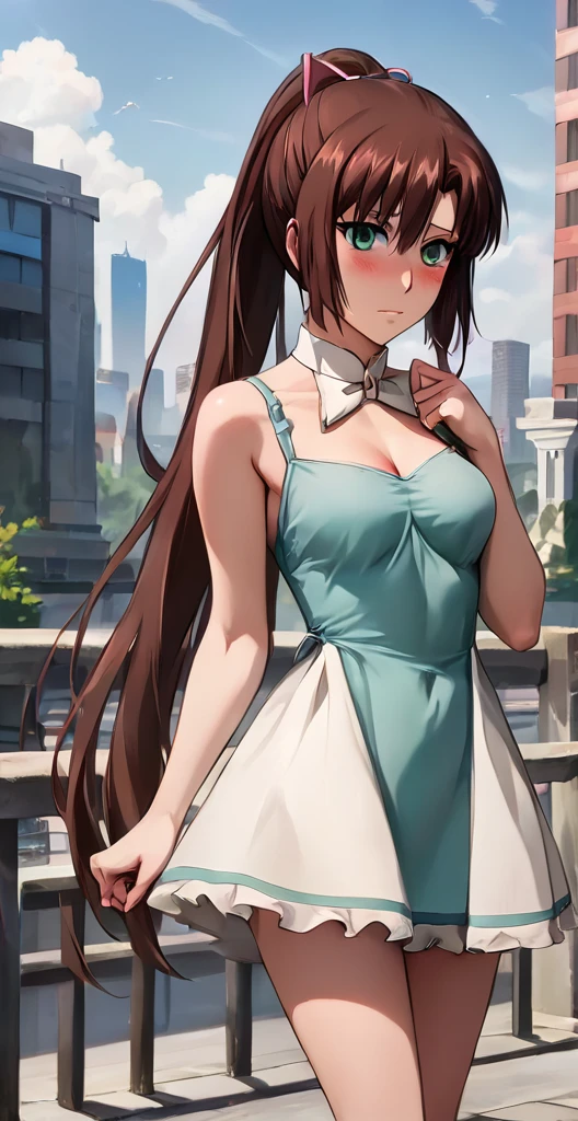 score_9, score_8_up, score_7_up, masterpiece, best quality, 1girl, sayaka kirasaka, source_anime, , standing, outdoors, posing, city, arched back, medium breasts, healthy skin, blushed, dress 