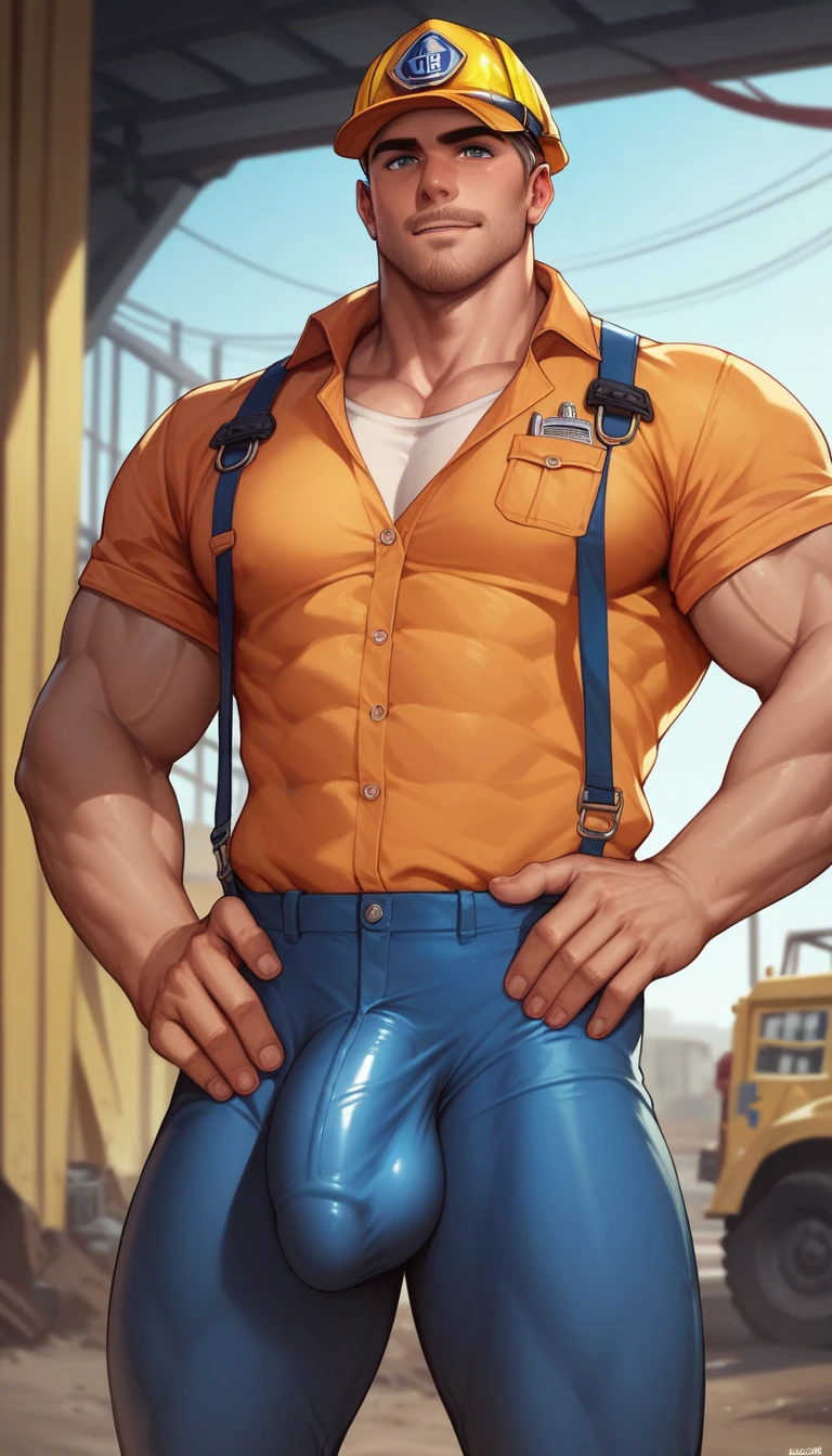 best quality, masterpiece, handsome man, muscular bodybuilder, construction worker gear, tight clothes, big bulge, ????? outline, construction site, perfect fingers, no watermark, no logo, no signature