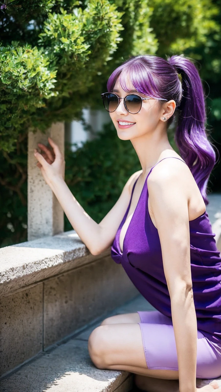 One Girl, Purple eyes, alone, sunglasses,(( Purple Hair)), Wear glasses on your head, View your viewers, smile, 耳Nipple Ring, gem, Turn back, With bangs, Close the top of the mouth, Star Kafka,, Shiny, Glowing Skin, Mature Woman,Kitagawa Uyudo house style, Young woman anime visual,Focus on the face: Delicate and beautiful face, High Ponytail,city,Outdoor,stand up,Long legs,Mature Woman,Busty Wife,Married women,Mature Woman,office lady,(masterpiece), (Highest quality), (Very detailed),(Disheveled Hair),Huge ,Stiletto heels,slender and tall,Exquisite detail,Paws are delicate