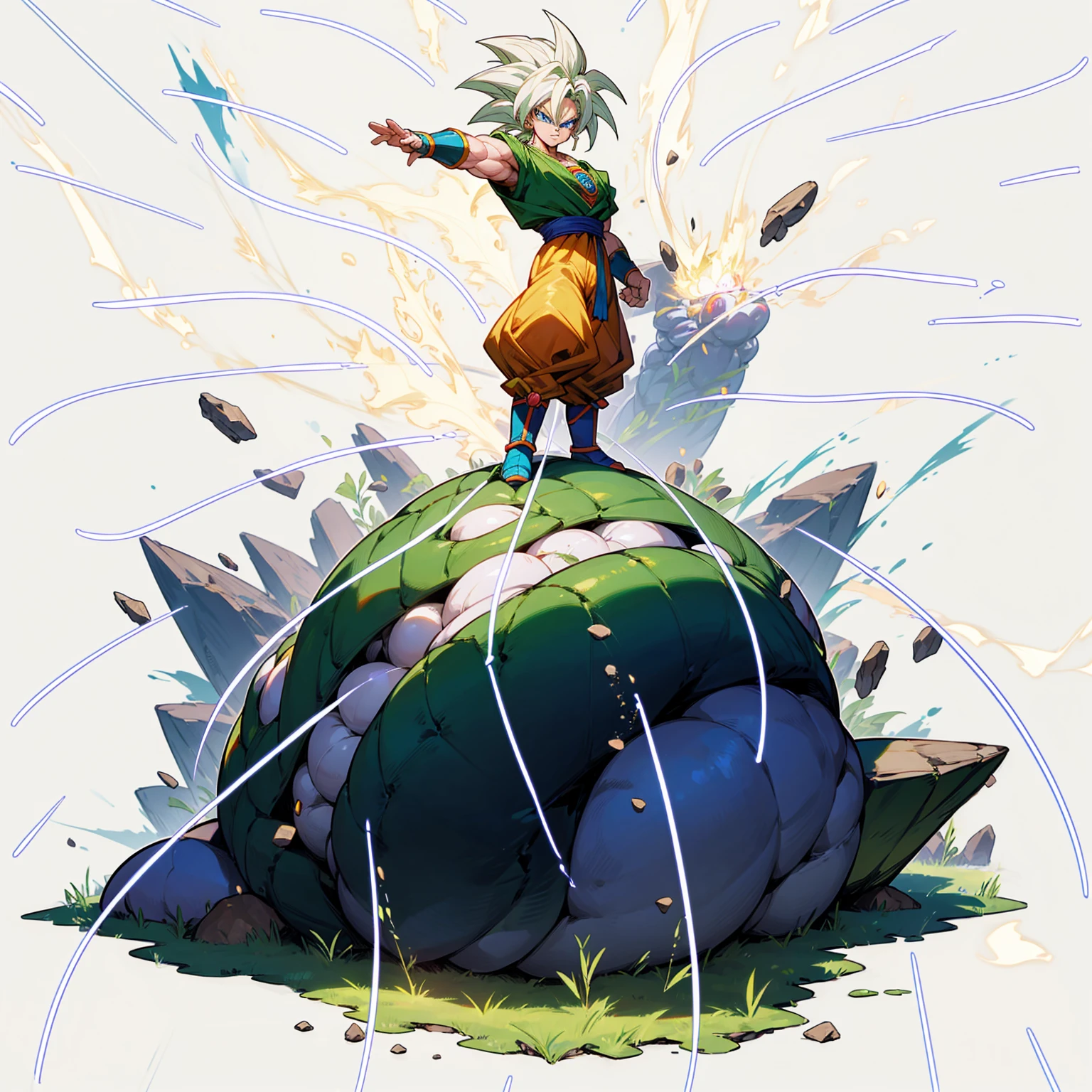 (Random Evolution, broly dragon ball z mixed with Stones), full body version, big muscle, (blue eyes), (Grassroots oil), transforms into Broly Super Saiyan, white color hair, blue eyes, Dragon Ball Z 