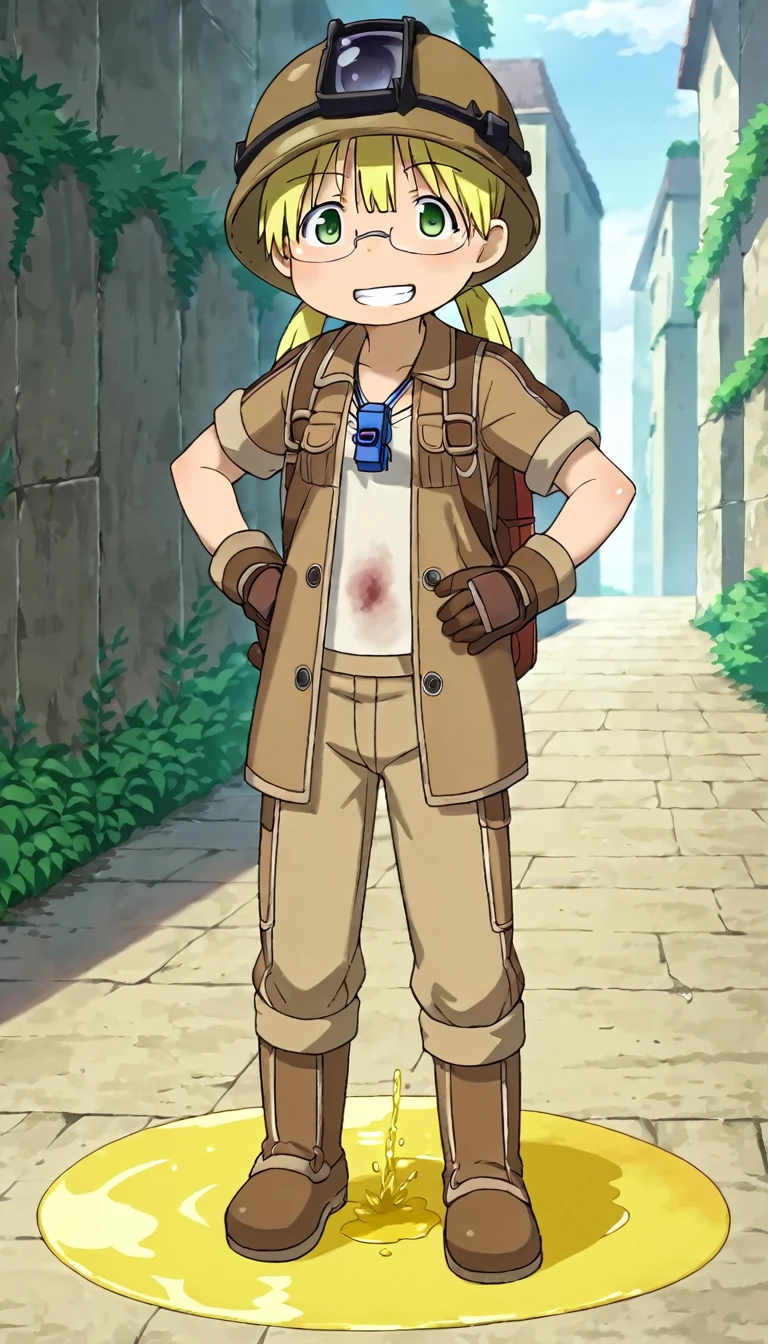 score_9, score_8_up, score_7_up, score_6_up, source_anime, Perfect Hands, perfecteyes, BREAK
1girl, solo, mabyss, scenery, thirdlayer, riko \(made in abyss\), blonde hair, green eyes, glasses, low twintails, gloves, jacket, short sleeves, :d, open clothes, teeth, pants, bag, open jacket, backpack, helmet, , brown gloves, brown jacket, waving, female , whistle, whistle around neck, looking at viewer, brown helmet, full body, boots, standing, hands on hips, ((wetting self, yellow puddle, pee stains, ))