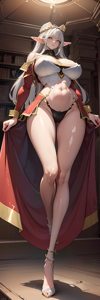 (best quality, masterpeice:1.2), ultra-detailed, perfect face, detailed, high-resolution, realistic, vivid colors, sharp focus, studio lighting, beautiful detailed eyes, beautiful detailed lips, extremely detailed eyes and face, long eyelashes, smooth skin, flawless complexion, intricate facial features, perfect symmetry, radiant complexion, delicate nose, defined cheekbones, soft and plump lips, captivating beauty, elegant appearance, graceful posture,pointed face,(Top Quality, 8k,Hyper-detailing,Ultra photo realsisim,Best Masterpiece,naturey,Perfect artwork,Perfect female body),One young beauty,White hair,Elf,white Micro bikini underwear, large tities,Large cleavage,Large breasts,((Layer cut, big: 1.3)),Stretch meat,Raised sexy,front,the whole body,soft looking big,body lines are very sexy,stand,Long legs,Upturned buttocks,tit huge,Extra large breasts (2.5),A tall and straight nose,The skin is very shiny,Wearing a super sexy hollow out bikini,There is a heart-shaped red tattoo on the abdomen,Legs are very long