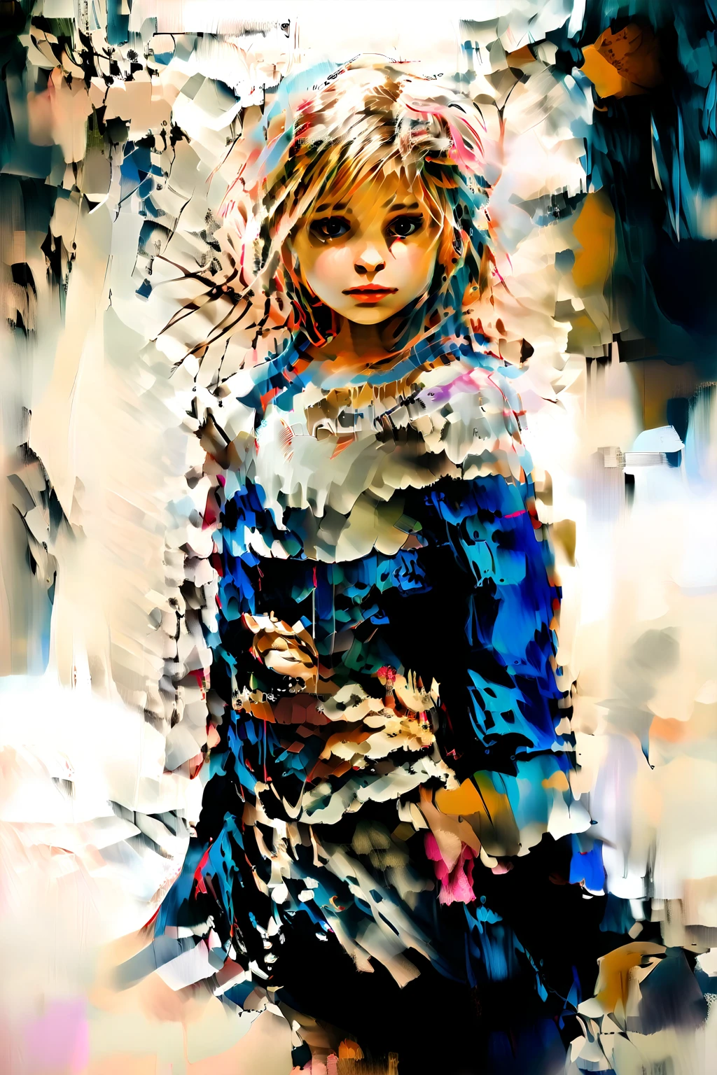 aquarela vintage, The image features a cartoon-style illustration of a with blonde hair in cornrows, wearing a pink dress and matching pink shoes. She is standing on one leg and the other is raised behind her, balancing on tiptoe, as if you were dancing or doing a trick. In her hands she holds a small blue teapot.