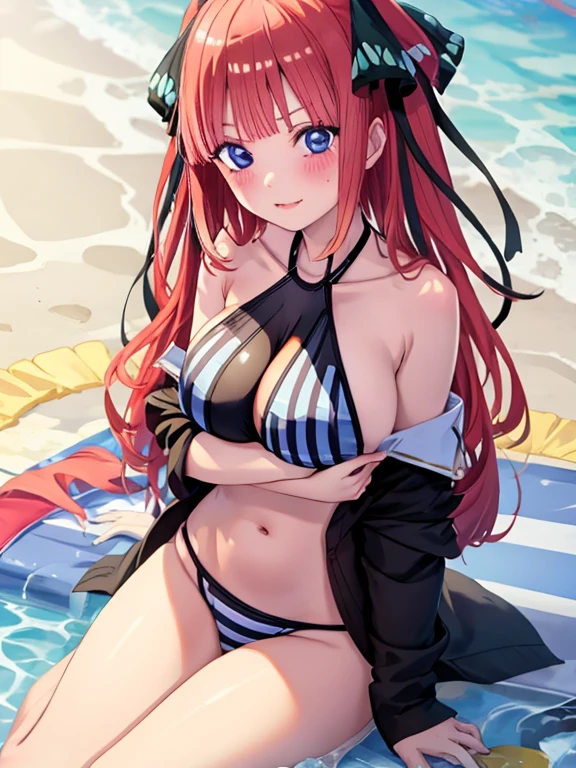 best quality, insanely detailed, nino nakano, breasts, halterneck swimsuit, striped, flower print, breast hold