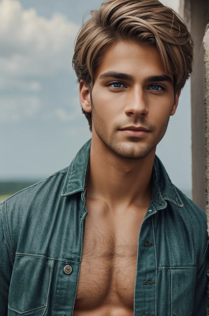 Create a light brown man with golden hair and purple eyes.. With blue and green and gray and brown, those colors look good but in a natural way 