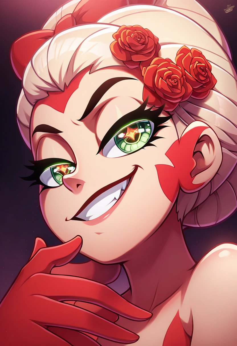 Elizabeth Afton, girl, green eyes, orange long length hairstyle, bow on head, evil smug smile, naked, close up image, in the living room, (masterpiece:1.2), best quality, high resolution, unity 8k wallpaper, (illustration:0.8), (beautiful detailed eyes:1.6), extremely detailed face, perfect lighting, extremely detailed CG, (perfect hands, perfect anatomy),