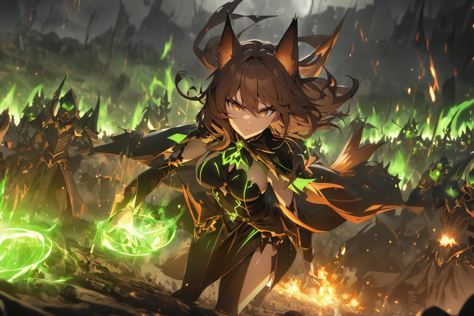 hand drawing, high detail, kitsune necromancer on a battlefield, using magic to raise the dead, sexy outfit, brown hair, brown eyes, evil, green magic, foxtail
