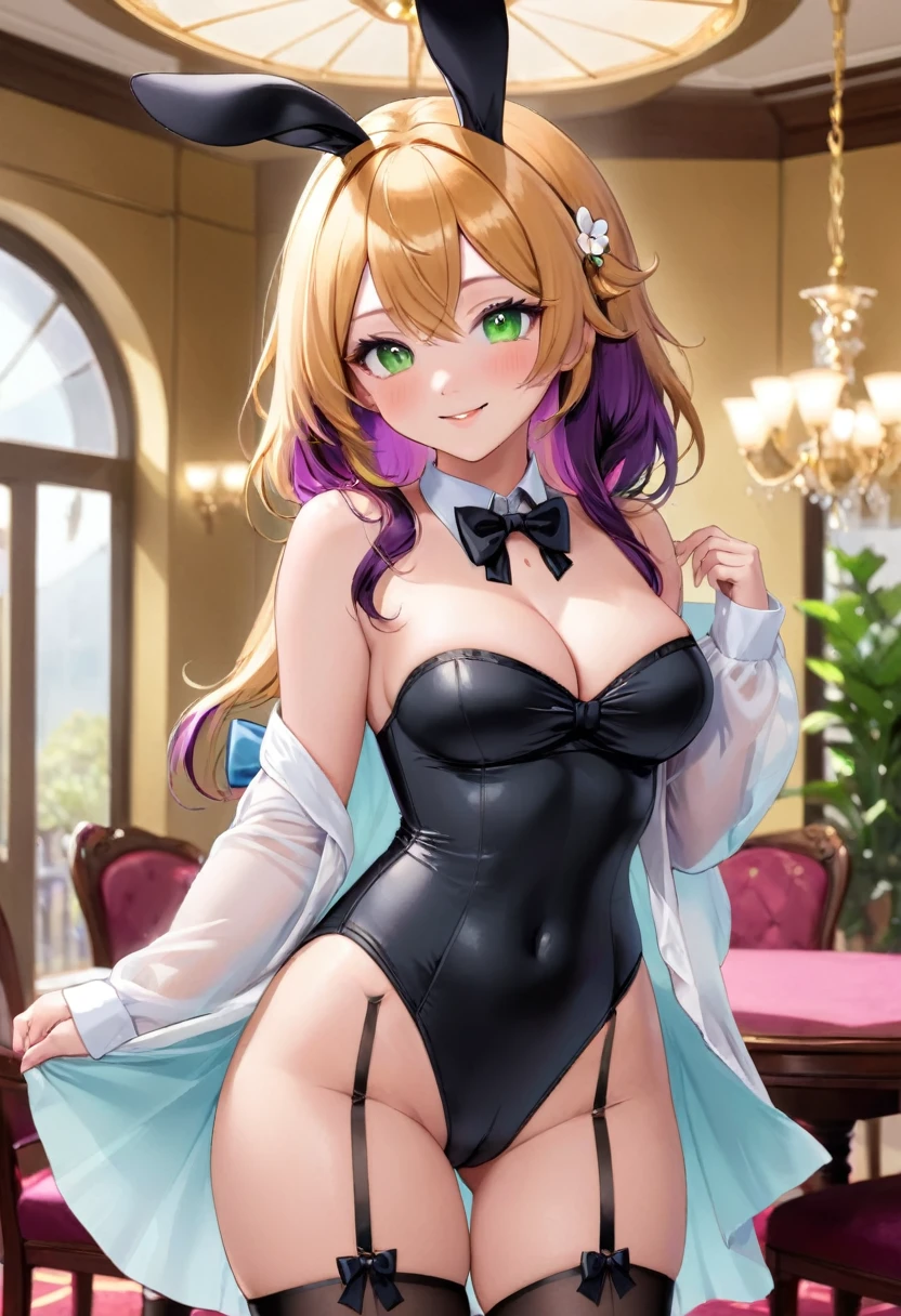 uncensored,
1girl, breasts, solo, large breasts, nipples, cleavage, pussy, cameltoe, sweat, cleft of venus, skindentation, collarbone, huge breasts, shiny hair, wet, bursting breasts, skindentation,
blush, parted lips,
animal ears, rabbit ears, bowtie, pantyhose, playboy bunny, fake animal ears, bow, leotard, detached collar, see-through, black bow, bare shoulders, black bowtie, covered navel, detached sleeves, highleg leotard, wrist cuffs, see-through leotard, strapless, black pantyhose, hairband, strapless leotard,sidelocks, highleg, navel, thighs, traditional bowtie, brown pantyhose, areola slip, meme attire, nipple slip, reverse outfit,
indoors, flower, window, poker chip, table, chandelier, coin, bunny day,
looking at viewer, cowboy shot, hand on own chest, standing, smile,
{black hair| blonde hair| blue hair| brown hair| burgundy hair| colored inner hair| copper hair| dark brown hair| gradation color hair| green hair| jet black hair| light brown hair| orange hair| pink hair| purple hair| red hair| silver hair| gray hair| sky blue hair| white hair| yellow green hair| yellow hair}
{black eyes| gray eyes| brown eyes| blue eyes| red eyes| golden eyes| orange eyes| purple eyes| green eyes| shocking pink eyes}